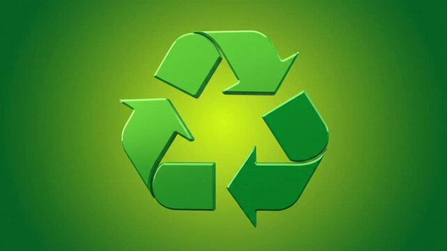 A shiny three-dimensional green recycling symbol, representing environmental conservation, sustainability, and waste management, is prominently displayed, symbolizing global efforts to protect our pla