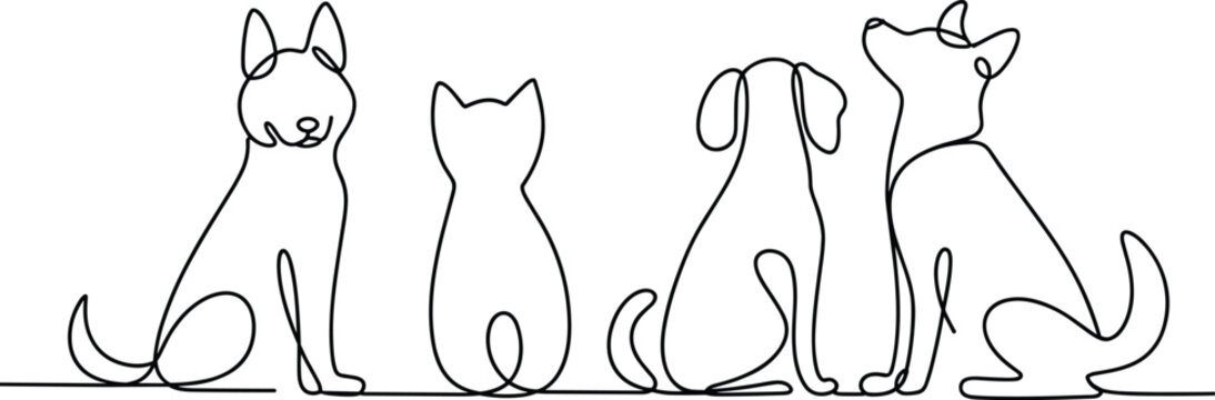 Minimalist single line drawing of five different pets sitting on a white background Keywords: dog, cat, pet, animal, outline