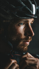 Obraz premium A man with a helmet on his head. The helmet is black and has a red strap. The man is looking at the camera
