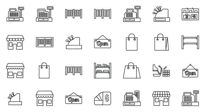 Grid of black outline icons related to retail commerce and pointofsale