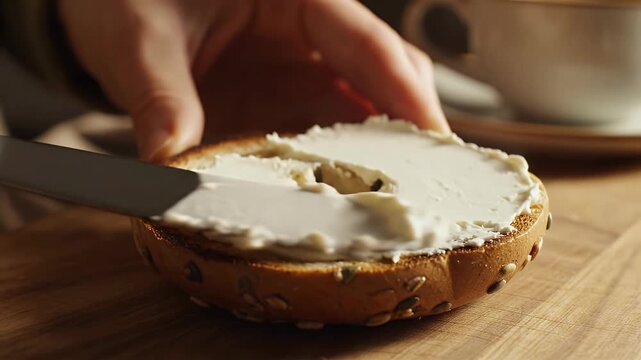 Hand spreading thick cream cheese on a seeded bagel
