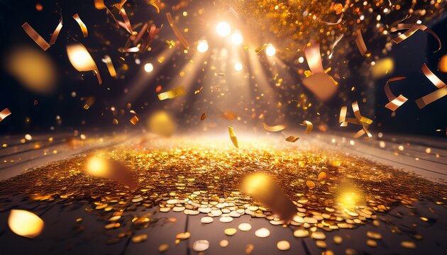 Confeti Dorado Cayendo Bajo Focos De Luz En Ambiente De Celebracion Nocturna