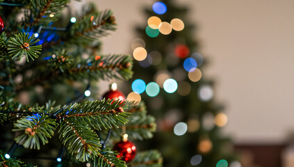 Festive Glow of Christmas Trees: The holiday spirit shines through decorated evergreen trees, the soft lights illuminating the festive season and anticipation of joyful moments.