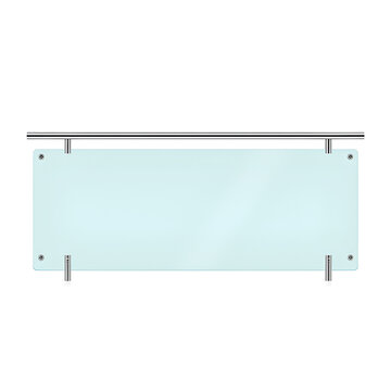 Glass balcony rail isolated on transparent background. Plexiglass fence with banisters on metal poles. Vector realistic 3D illustration of plastic barrier, stairs balustrade for interior design.