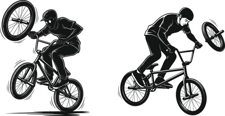 Naklejka premium Creative black and white vector illustration of two BMX riders performing extreme freestyle stunts with bikes in action movement style.