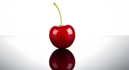 Fresh Red Cherry on Reflective Surface.