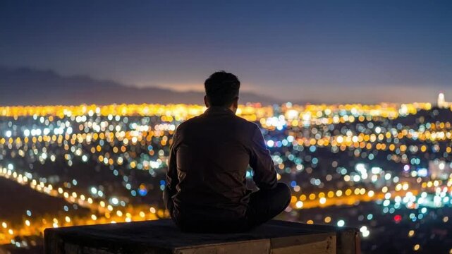 Person contemplating the vibrant city lights from above at night