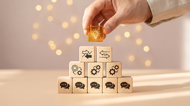Hand Placing Illuminated Light Bulb Icon Cube on Wooden Blocks with Communication Symbols