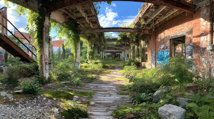 A deserted, abandoned building with graffiti on the walls and a path of moss and weeds leading to it