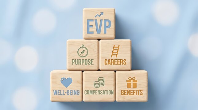 Stacked Wooden Blocks Featuring Evp Purpose Careers Wellbeing Benefits and Compensation
