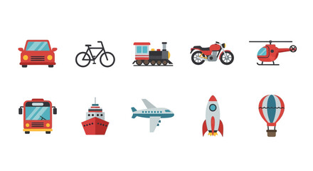 Fototapeta premium Ten flatstyle icons representing various modes of transport arranged in two rows