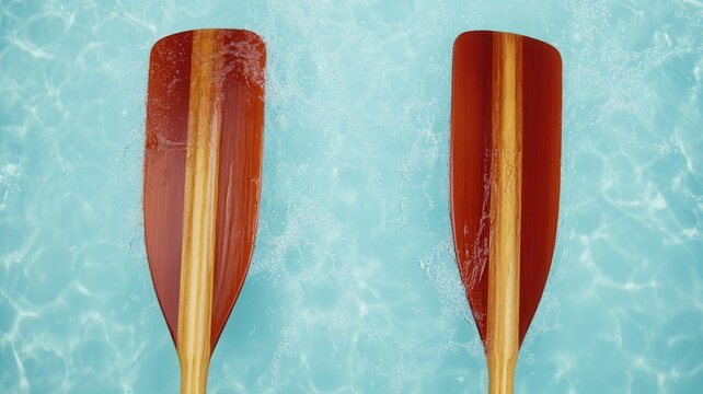 Top view wooden boat oars floating on turquoise water surface, symbolizing summer travel, marine adventure, recreation, outdoor sport, and peaceful holiday concept.