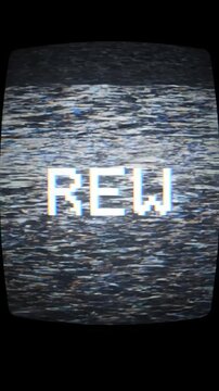 Retro VHS REW Text on Static Noise Glitch Background, Old Analog Television Signal Distortion and Grainy Video Texture. 4k Resolution Video. Vertical Video 30FPS.