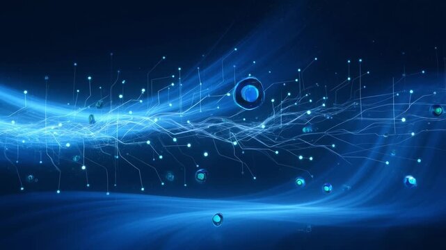 Abstract corporate motion graphics featuring glowing data streams and hex grid elements.