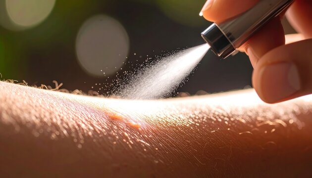 Applying Insect Repellent Spray to Skin Outdoors with Closeup.