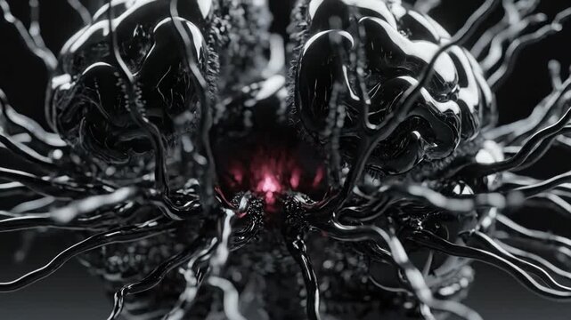 Futuristic Metallic Neural Brain Structure with Glowing Core