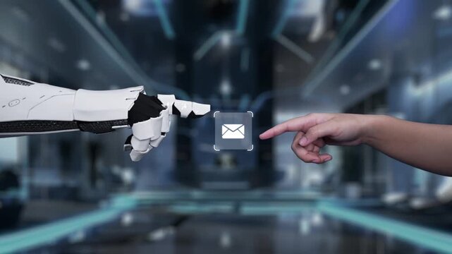 A futuristic scene showcasing a robot hand interacting with email icons in a modern office setting, symbolizing advanced communication and technology integration. Auvana