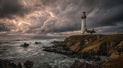 A lighthouse is on a rocky shoreline with a stormy sky in the background. The lighthouse is the only structure visible on the rocky shoreline