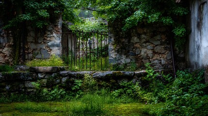 Obraz premium A serene path winds through a vibrant landscape of old trees transitioning from lush spring foliage to rich autumn leaves by a gentle waterfall in the woods