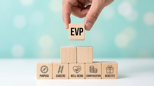 Human Hand Placing Wooden Block with Evp Text Above Blocks with Purpose Careers Well Being Compensation Benefits