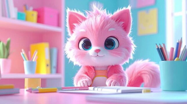 Cute 3D Pink Cat Character Sitting at a Desk