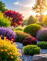 Obraz premium Vibrant Garden Landscape with Colorful Flowers and Lush Greenery at Sunset.
