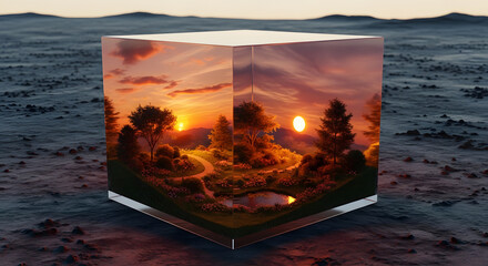 A miniature lush garden with a sunset glow captured inside a transparent glass cube sitting on a dark rocky terrain