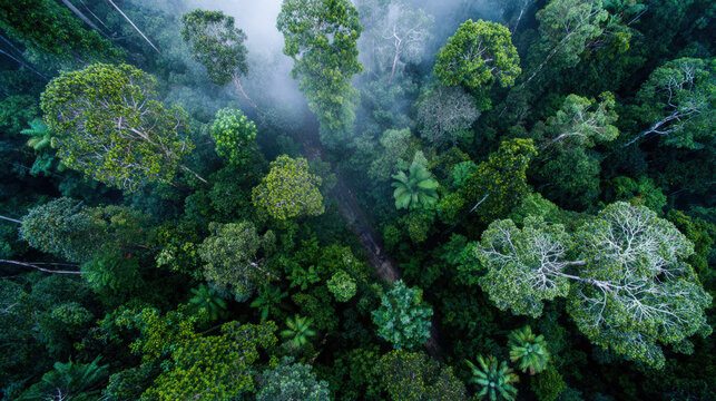 A lush green forest with trees of various sizes and shapes. The sky is cloudy, and the trees are covered in mist. The forest is dense and full of life, with many different types of trees and plants
