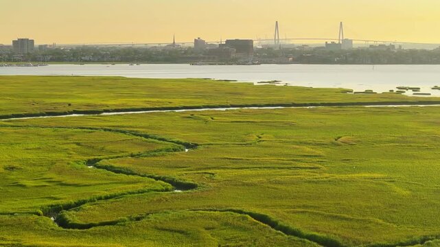 Aerial view of Arthur Ravenel Jr. Bridge and downtown Charleston, South Carolina skyline landscape with grassy marshes and waterways in the lowcountry region during morning sunrise light - 4K Drone