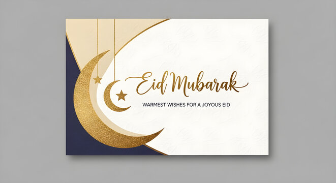 Eid Mubarak greeting card with gold crescent moon and lantern design on dark blue background