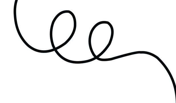 Curly satu baris. Coretan bergelombang dan hiasan dekoratif dalam coretan yang dapat diedit. Elemen doodle wiggly curvy diisolasi pada latar belakang putih. Ilustrasi vektor tangle.