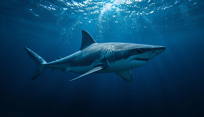 Obraz premium A shark swims through the dark blue ocean with sunlight shining down from above.