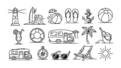Fototapeta premium Summer Essentials: A collection of meticulously drawn summer-themed icons, encapsulating the spirit of sun-soaked holidays and outdoor adventures.
