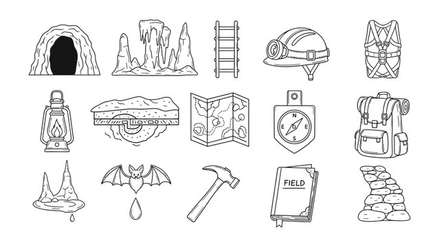 Underground Exploration Tools: A collection of various tools used for cave exploration, each element meticulously illustrated, from a rugged backpack to a sturdy hammer.