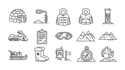 Arctic Exploration Icons: A collection of meticulously crafted line icons representing the essence of arctic exploration, offering a glimpse into the tools and elements that define polar adventures. © MahfujaSultana
