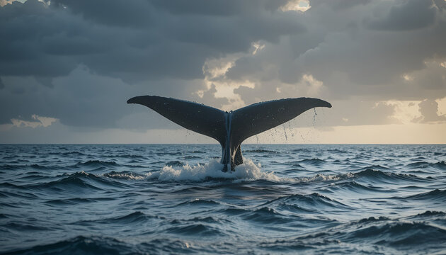 A whale tail emerges from the ocean waves under a cloudy sky