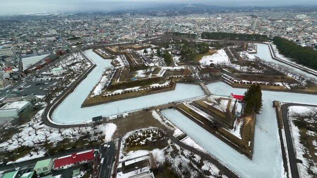 幕末の歴史を伝える特別史跡・雪の五稜郭の俯瞰風景