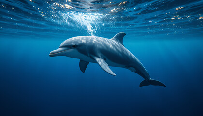 Naklejka premium A dolphin swims underwater in the ocean with sunlight shining through the surface