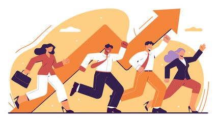 Fototapeta premium Four diverse business professionals energetically run forward under a large orange upward arrow, symbolizing accelerated business success.