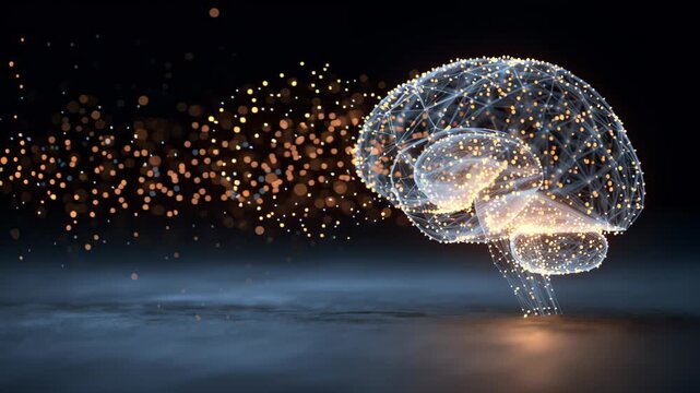 A brain made of light and dust is shown in a black background. The brain is surrounded by a cloud of dust, giving it a surreal and ethereal appearance