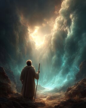 Cinematic Artwork of a Prophet Witnessing a Heavenly Light over the Waves