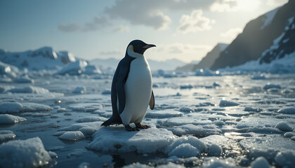 Obraz premium A lone penguin stands on a patch of ice in a serene and peaceful Antarctic landscape