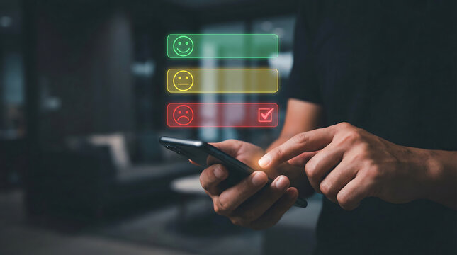 Person's hand tapping a smartphone to submit negative feedback, highlighting customer dissatisfaction or a poor service experience.