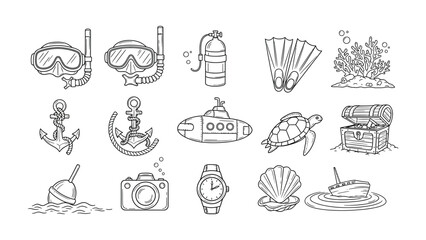 Underwater Exploration Icons: An illustration showcasing essential tools and marine elements, inviting viewers to explore the mysteries of the deep sea.  © MahfujaSultana
