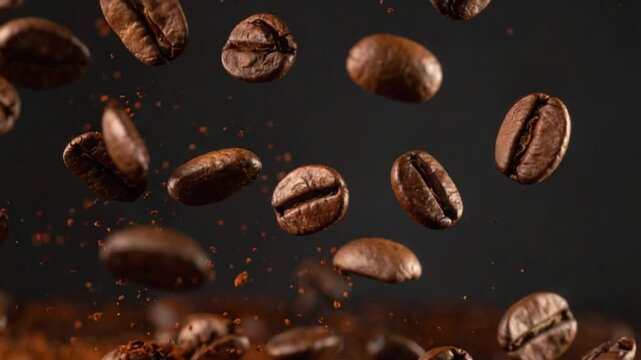 Roasted coffee beans flying in motion with coffee dust on dark background