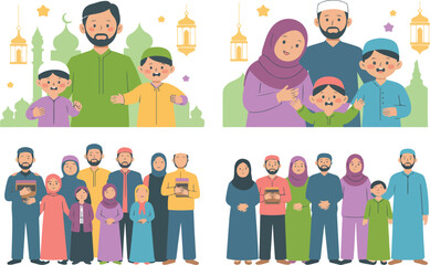Cute Muslim Family Illustration Set with Parents and Children Celebrating Ramadan and Eid with Lanterns, Moon, Prayer, and Islamic Holiday Elements
