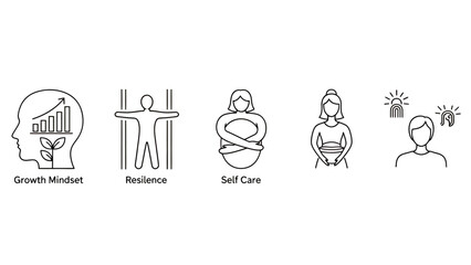 Obraz premium Icon set illustrating growth mindset, resilience, teamwork, self-care, and mindfulness in a professional setting.