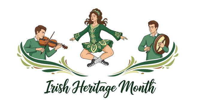 Illustration of Irish dancers and musicians in traditional green attire celebrating Irish Heritage Month with a festive design.