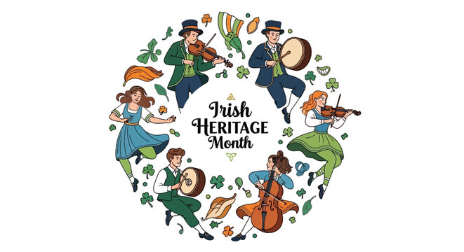 Vector illustration of people celebrating Irish Heritage Month with traditional music and dance against a white background with shamrocks and Celtic elements.