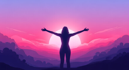 Woman arms outstretched embracing sunrise over mountain landscape, freedom and hope concept